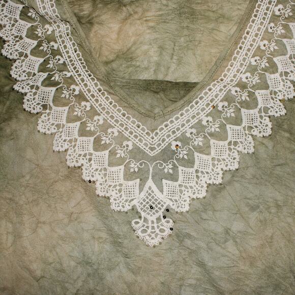 Green Semi Sheer Long Bell Sleeve Top With Lace Neckline And Sequins - Picture 2 of 3